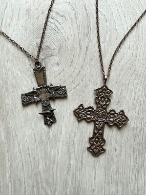 Vintage Style Bronze Cross Necklace Bundle Hummingbird & Floral Filigree Pendant
